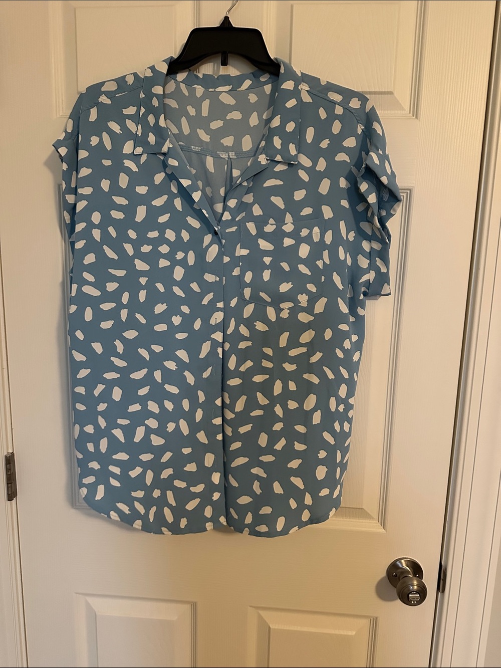 Light Blue and White Printed Short-Sleeve Blouse